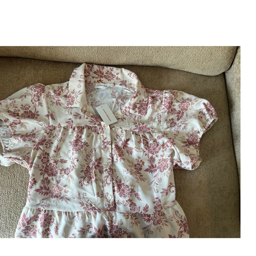 Lucky Brand Women’s Cream Pink Floral Tiered Midi Dress Puff Sleeve Size 2X NWT
